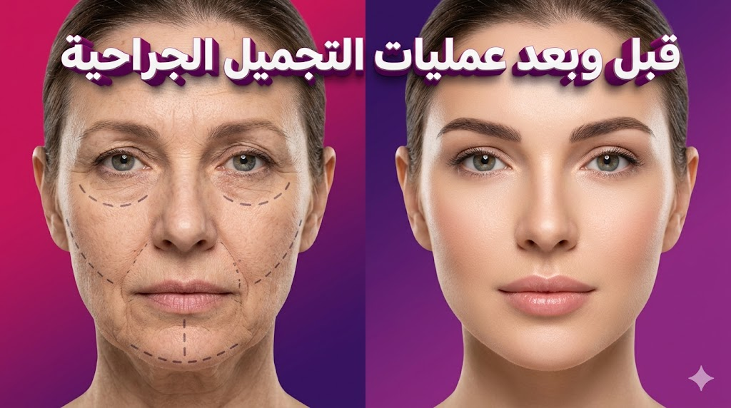  مقارنة "قبل وبعد" توضح نتائج عمليات التجميل الجراحية للوجه مع خطوط التخطيط الطبي والنتيجة النهائية المثالية.