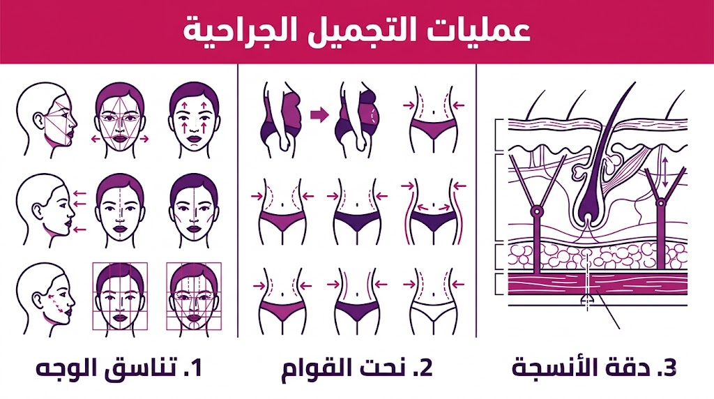  إنفوجرافيك طبي يوضح المحاور الثلاثة الأساسية في عمليات التجميل الجراحية: تناسق الوجه، نحت القوام، ودقة التعامل مع الأنسجة.