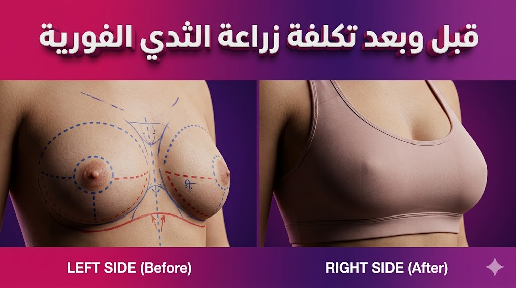  مقارنة احترافية قبل وبعد توضح التخطيط الجراحي والنتائج النهائية المتعلقة بـ تكلفة زراعة الثدي الفورية.