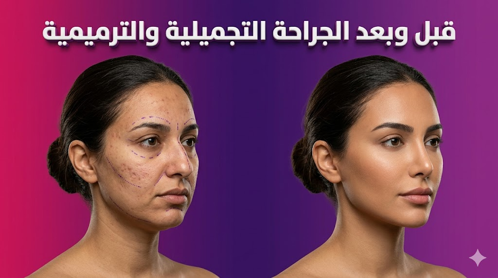 صورة قبل وبعد الجراحة التجميلية والترميمية تظهر التحول الجمالي الطبيعي مع تخطيط طبي دقيق.
