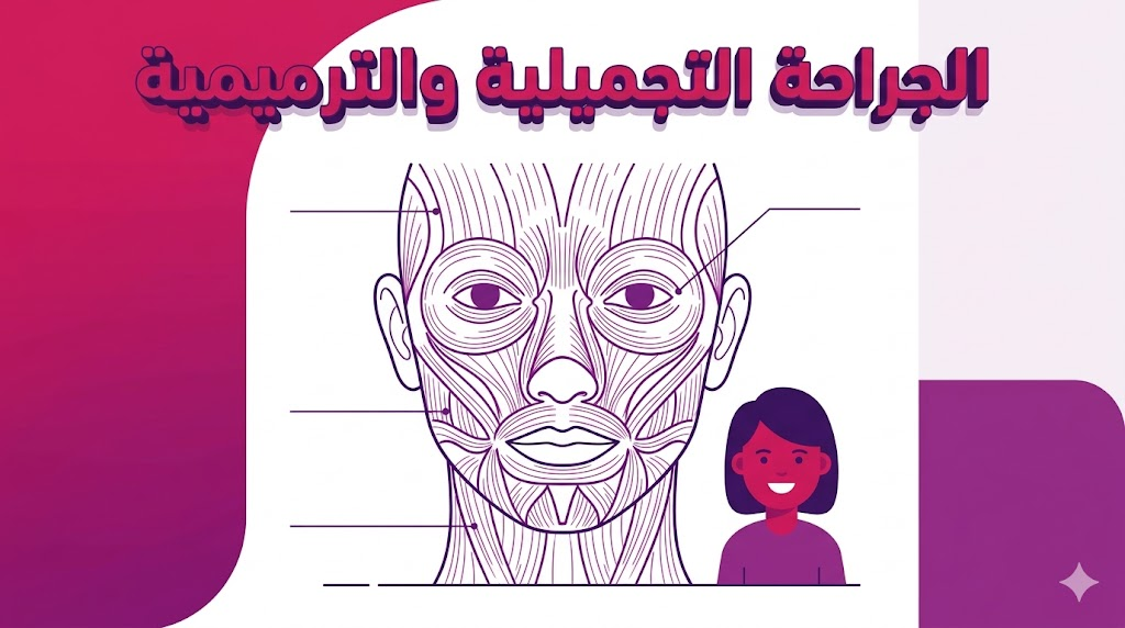 إنفوجرافيك طبي تشريحي يوضح الأنسجة والطبقات المتعلقة بـ الجراحة التجميلية والترميمية بأسلوب فيكتور احترافي.