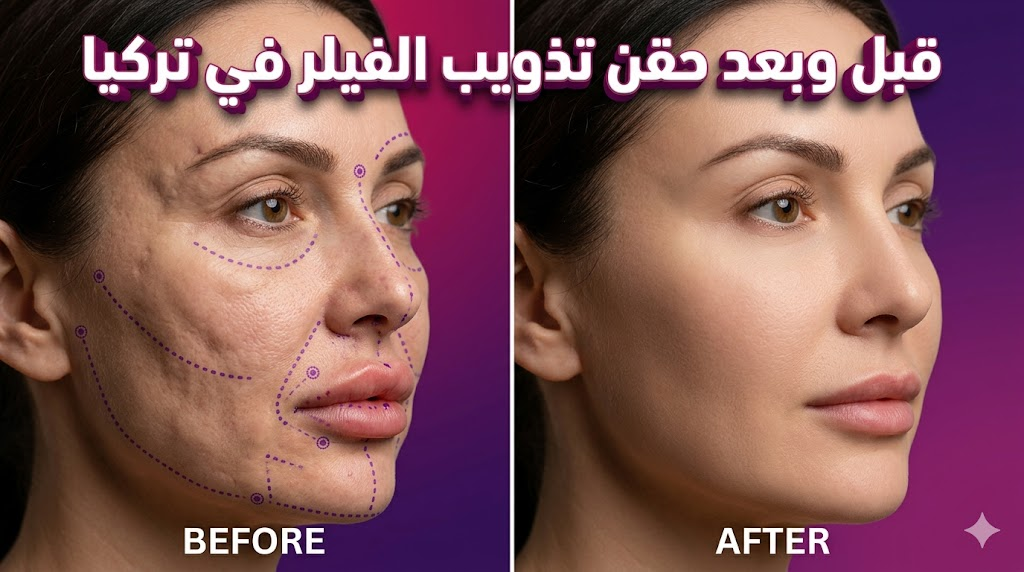مقارنة قبل وبعد حقن تذويب الفيلر في تركيا توضح التخلص من التكتلات واستعادة المظهر الطبيعي للوجه.