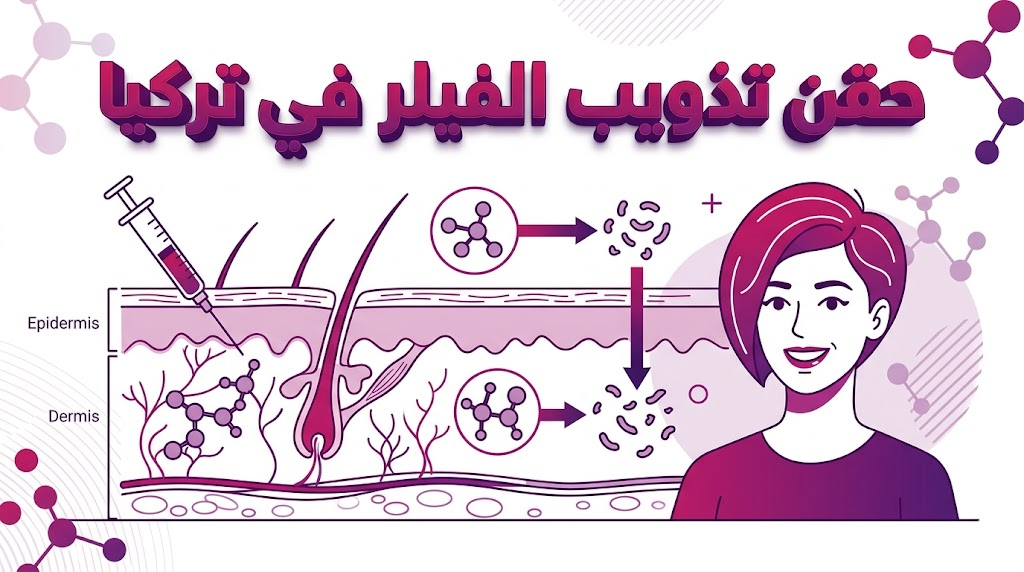 مخطط إنفوجرافيك طبي يوضح الآلية العلمية لعملية حقن تذويب الفيلر في تركيا وتفاعل الإنزيم مع الفيلر.