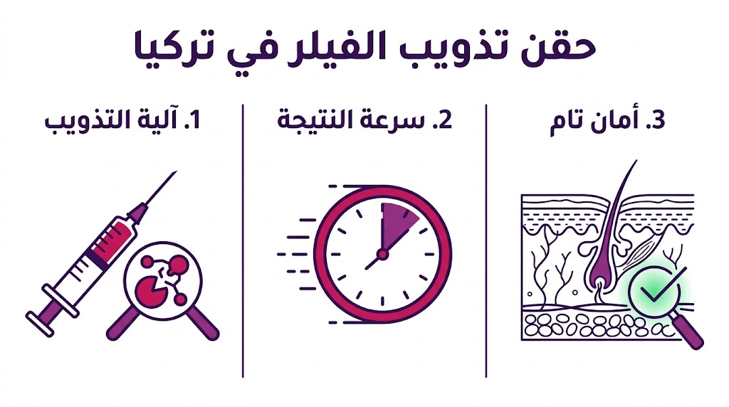 بوستر إنفوجرافيك يشرح مميزات حقن تذويب الفيلر في تركيا من حيث الأمان والسرعة وآلية العمل.