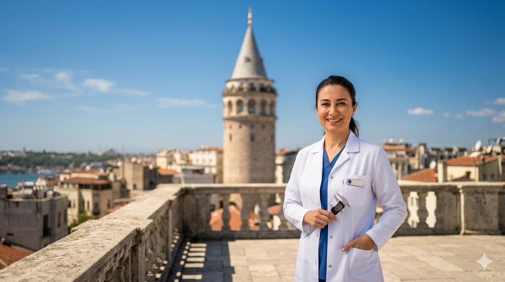طبيب تجميل متخصص في حقن تذويب الفيلر في تركيا يقف أمام برج غالاتا الشهير في إسطنبول.