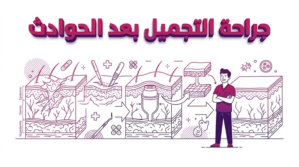  إنفوجرافيك طبي يشرح المبادئ العلمية لعملية جراحة التجميل بعد الحوادث بأسلوب الفيكتور الهندسي والألوان الأرجوانية.