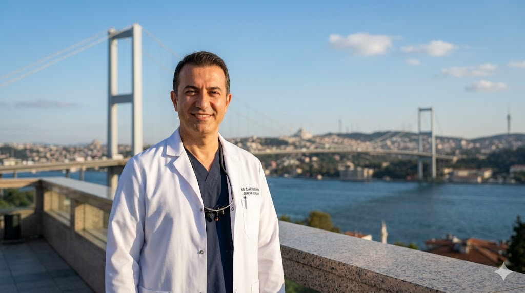  طبيب تجميل يبتسم أمام جسر البوسفور في إسطنبول، يعبر عن الثقة والخبرة في إجراء تكلفة شد الجسم في تركيا.
