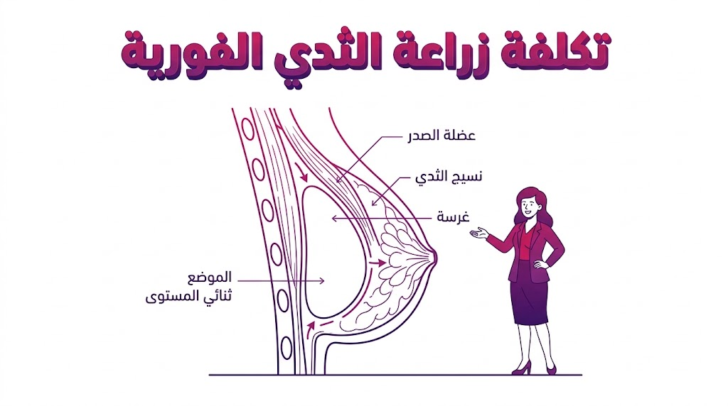  إنفوجرافيك طبي يشرح التشريح الداخلي ووضع الحشوات ضمن إجراءات تكلفة زراعة الثدي الفورية.