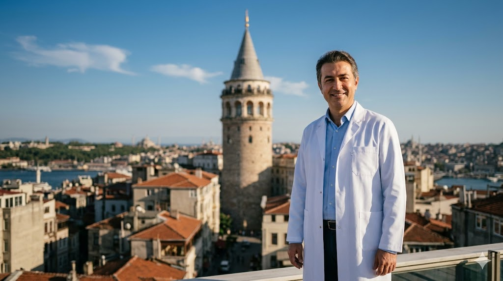  جراح تجميل خبير يقف أمام برج غالاتا في اسطنبول كوجهة رائدة لإجراء جراحة التجميل بعد الحوادث باحترافية عالية.
