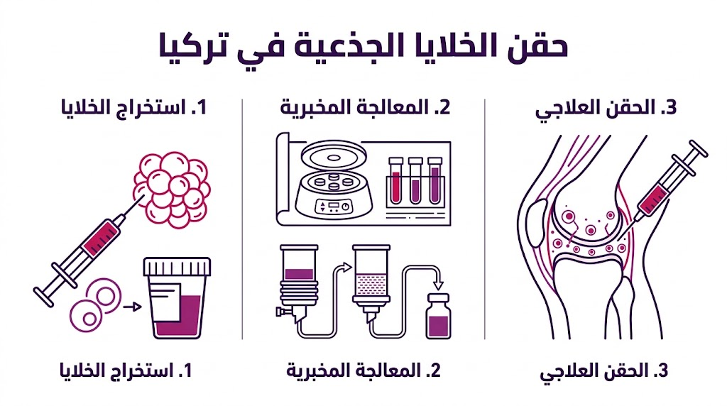 إنفوجرافيك يشرح مراحل حقن الخلايا الجذعية في تركيا من الاستخراج إلى المعالجة ثم الحقن.