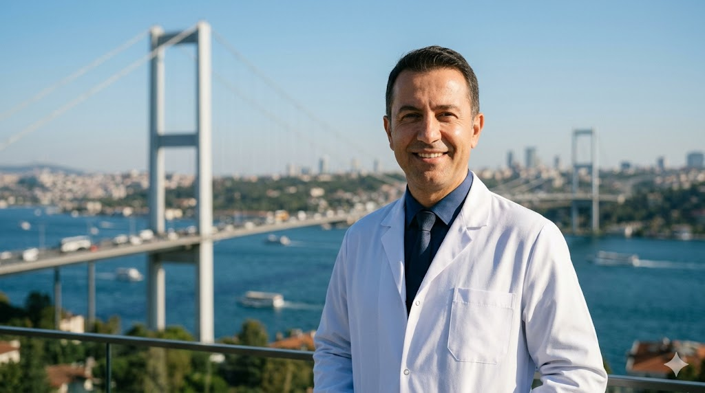  طبيب تجميل يقف بثقة أمام جسر البوسفور في اسطنبول، مما يرمز للثقة والخبرة في أحدث تقنيات الجراحة التجميلية.