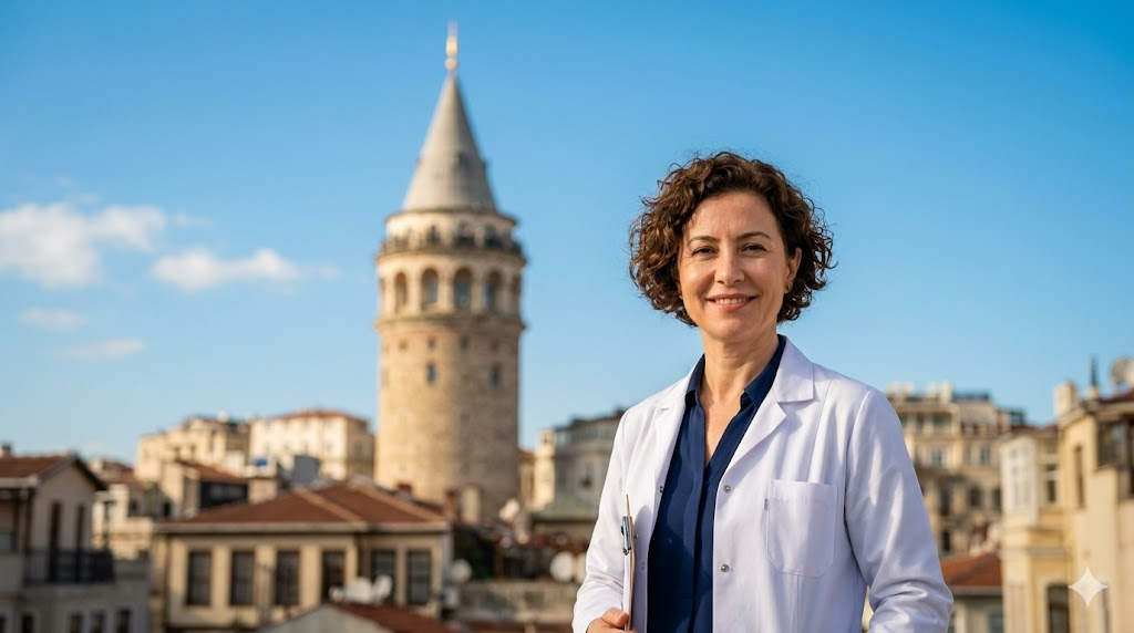 طبيب تجميل متخصص يقف أمام برج غالاتا في إسطنبول، تعبيراً عن جودة خدمات تكلفة زراعة الثدي الفورية في تركيا.