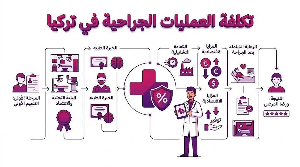  إنفوجرافيك طبي يوضح المعايير العلمية والاقتصادية التي تحدد تكلفة العمليات الجراحية في تركيا.