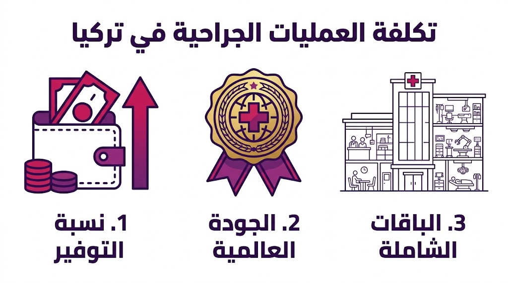  بوستر إنفوجرافيك مقسم لثلاثة أقسام يشرح مزايا تكلفة العمليات الجراحية في تركيا من حيث التوفير والجودة.