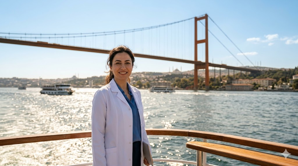 طبيب جراح يقف أمام جسر البوسفور في إسطنبول، يعبر عن الثقة والأمان المرتبط بـ تكلفة العمليات الجراحية في تركيا.