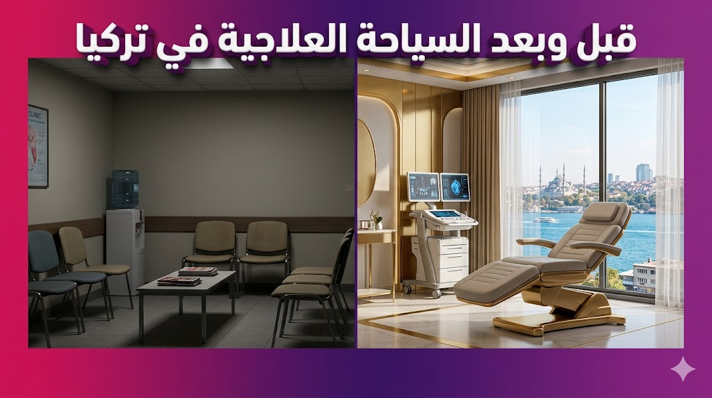  مقارنة بصرية توضح الفرق في جودة الخدمات والرفاهية المقدمة ضمن السياحة العلاجية في تركيا.