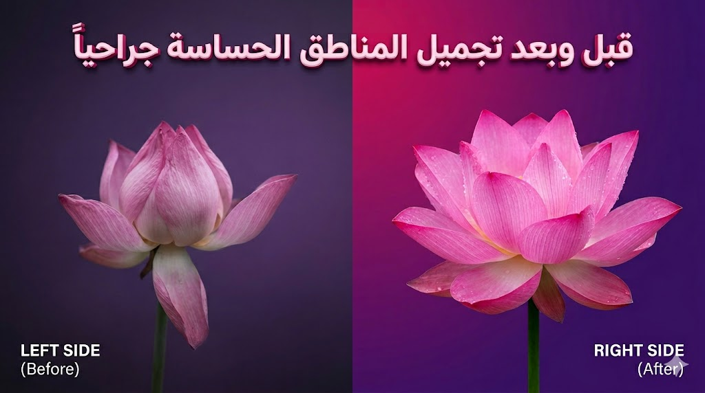 مقارنة بصرية رمزية باستخدام زهور اللوتس توضح نتائج تجميل المناطق الحساسة جراحياً قبل وبعد الإجراء.