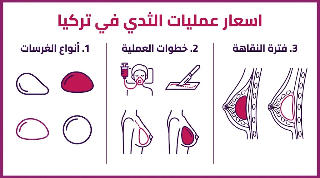 بوستر إنفوجرافيك يوضح أنواع الغرسات ومراحل العملية وفترة التعافي ضمن اسعار عمليات الثدي في تركيا.