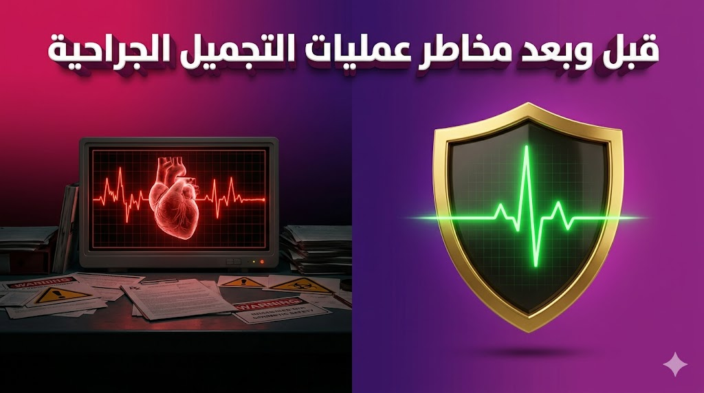  صورة مقارنة بين بيئة جراحية غير آمنة وبيئة آمنة لضمان تقليل مخاطر عمليات التجميل الجراحية.