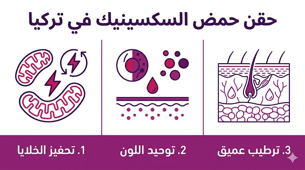 إنفوجرافيك طبي يبرز أهم 3 فوائد علاجية لعملية حقن حمض السكسينيك في تركيا.