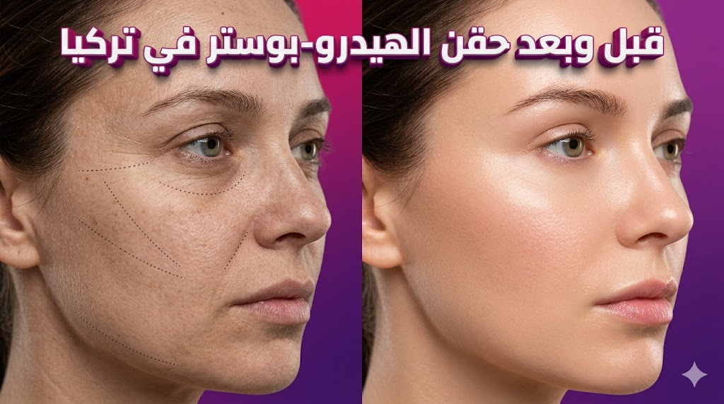 مقارنة قبل وبعد توضح نتائج حقن الهيدرو-بوستر في تركيا على نضارة وترطيب بشرة الوجه.