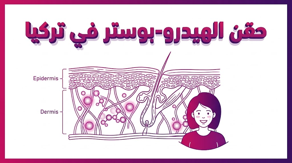 مخطط توضيحي علمي لطبقات الجلد يوضح كيفية تغلغل حقن الهيدرو-بوستر في تركيا لترطيب الأنسجة.