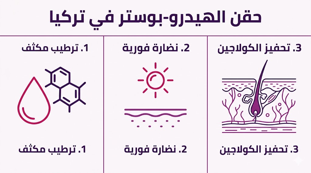 إنفوجرافيك طبي يلخص فوائد حقن الهيدرو-بوستر في تركيا من حيث الترطيب والنضارة وإنتاج الكولاجين.