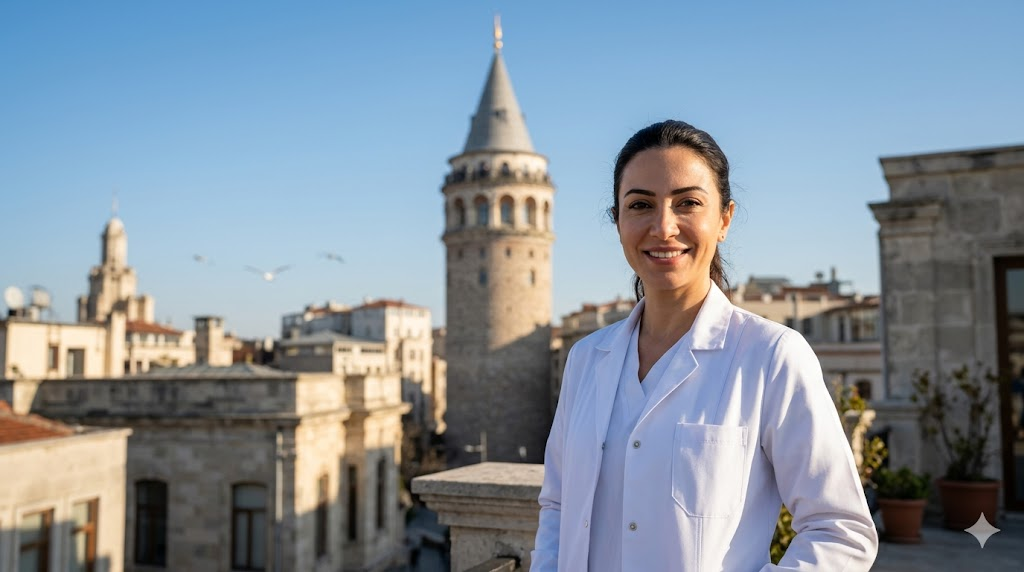 طبيب تجميل خبير يقف أمام برج غالاتا في اسطنبول يمثل خدمات حقن الهيدرو-بوستر في تركيا.
