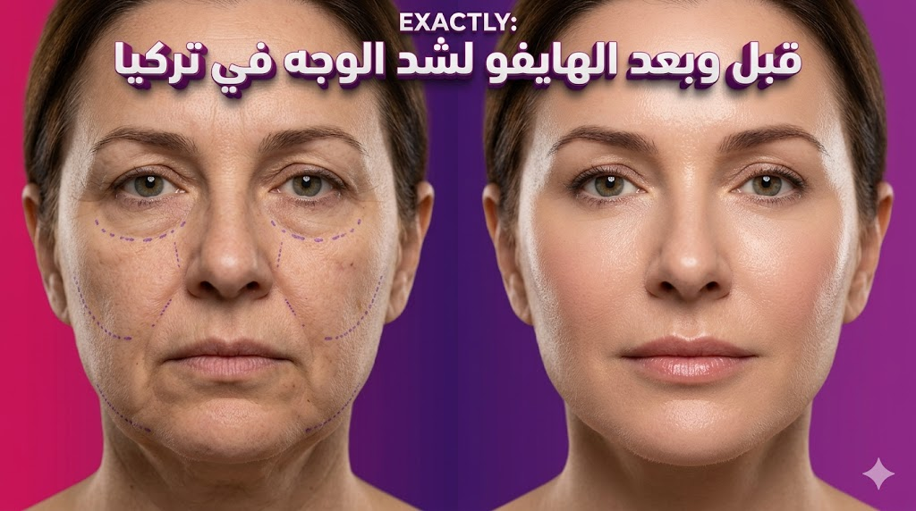 صورة مقارنة "قبل وبعد" تظهر نتائج الهايفو لشد الوجه في تركيا على ملامح الوجه وشد الجلد.