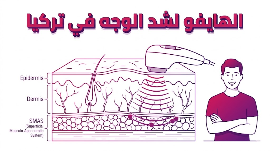 مخطط تشريحي تعليمي يوضح كيفية عمل الهايفو لشد الوجه في تركيا وتأثيره على طبقات الجلد العميقة.