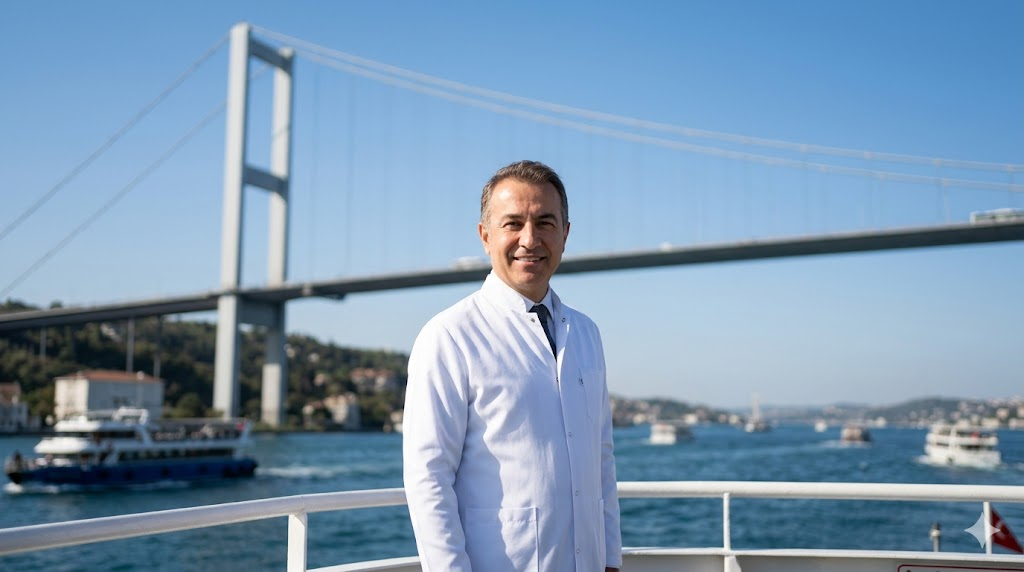 طبيب تجميل بابتسامة واثقة أمام جسر البوسفور في إسطنبول، يمثل خدمات الهايفو لشد الوجه في تركيا.