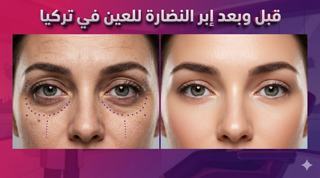 صورة مقارنة "قبل وبعد" توضح نتائج حقن إبر النضارة للعين في تركيا لتحسين الهالات السوداء وترطيب البشرة.