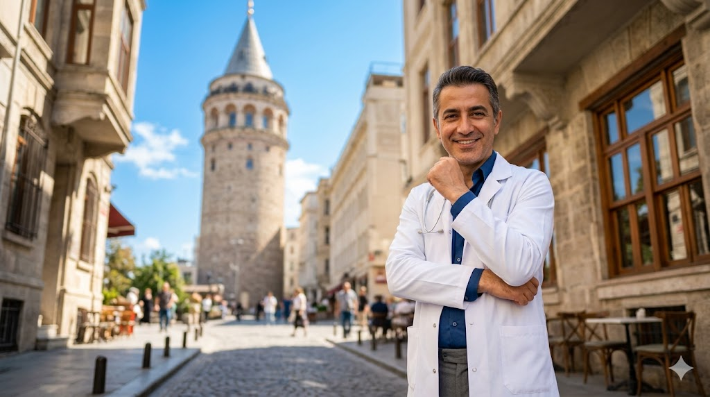 طبيب تجميل يبتسم أمام برج غالاتا في اسطنبول يمثل خدمات الأولثيرا في تركيا.