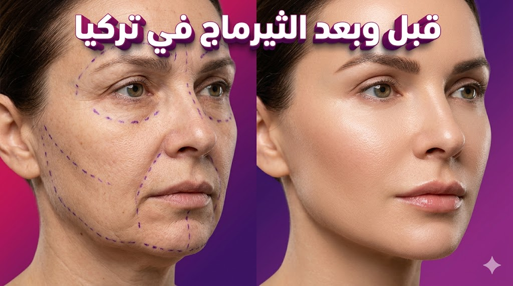 صورة مقارنة قبل وبعد لنتائج تقنية الثيرماج في تركيا تظهر شد الوجه وتلاشي التجاعيد بوضوح مع نص ثلاثي الأبعاد.