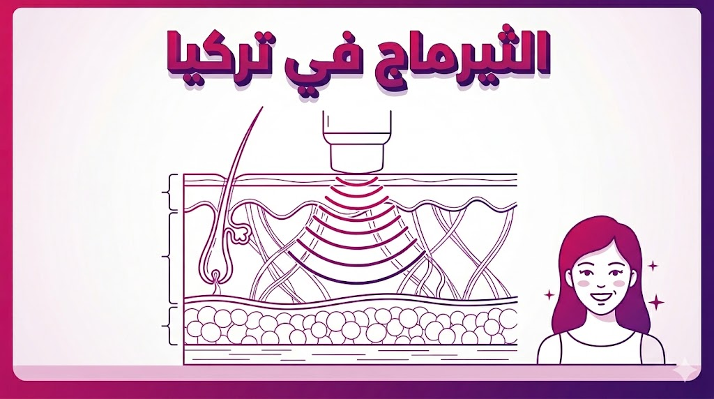 إنفوجرافيك تعليمي يشرح آلية عمل تقنية الثيرماج في تركيا وتأثيرها الحراري على طبقات الجلد لتحفيز الكولاجين.