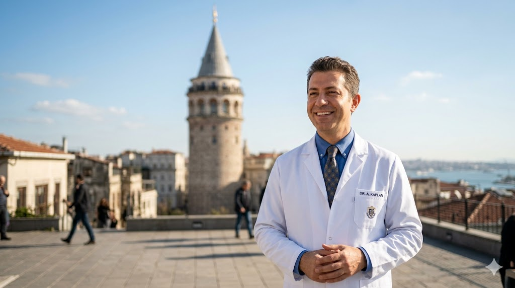 طبيب تجميل بابتسامة واثقة أمام برج غالاتا في اسطنبول يمثل الجودة الطبية لتقنية الثيرماج في تركيا.