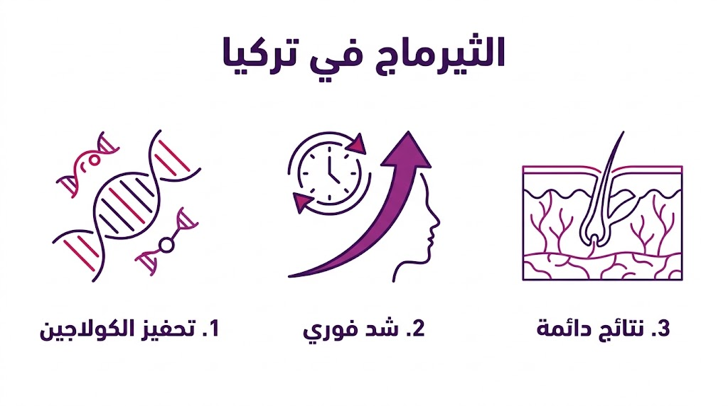 بوستر إنفوجرافيك طبي يوضح ثلاث فوائد رئيسية لتقنية الثيرماج في تركيا تشمل الكولاجين والشد الفوري والنتائج المستمرة.