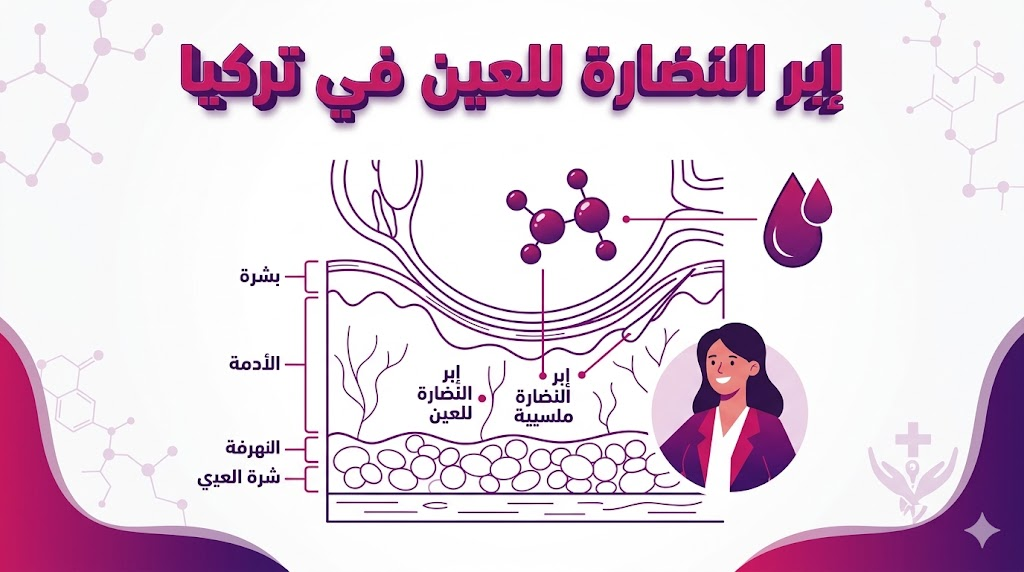 إنفوجرافيك طبي يوضح التشريح الداخلي لمنطقة تحت العين وكيفية عمل إبر النضارة للعين في تركيا لتحسين جودة الجلد.