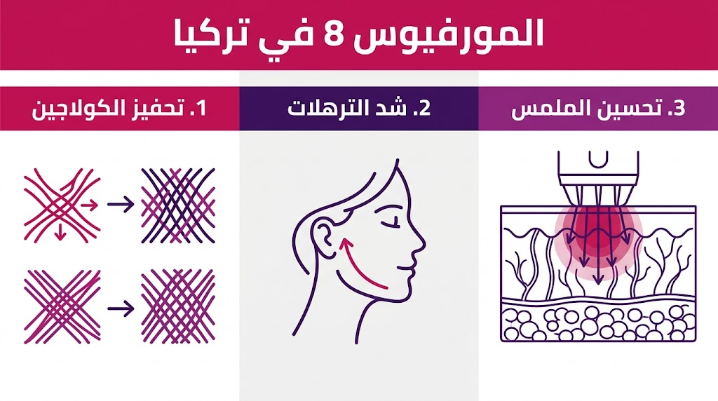 بوستر إنفوجرافيك يوضح فوائد المورفيوس 8 في تركيا من حيث إنتاج الكولاجين وشد الجلد وتحسين ملمس البشرة.