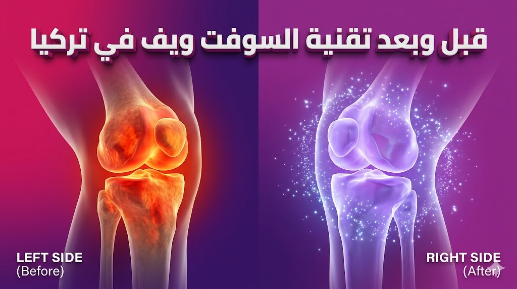 مقارنة بصرية توضح تحول المفصل من الالتهاب إلى التعافي التام بعد استخدام تقنية السوفت ويف في تركيا.