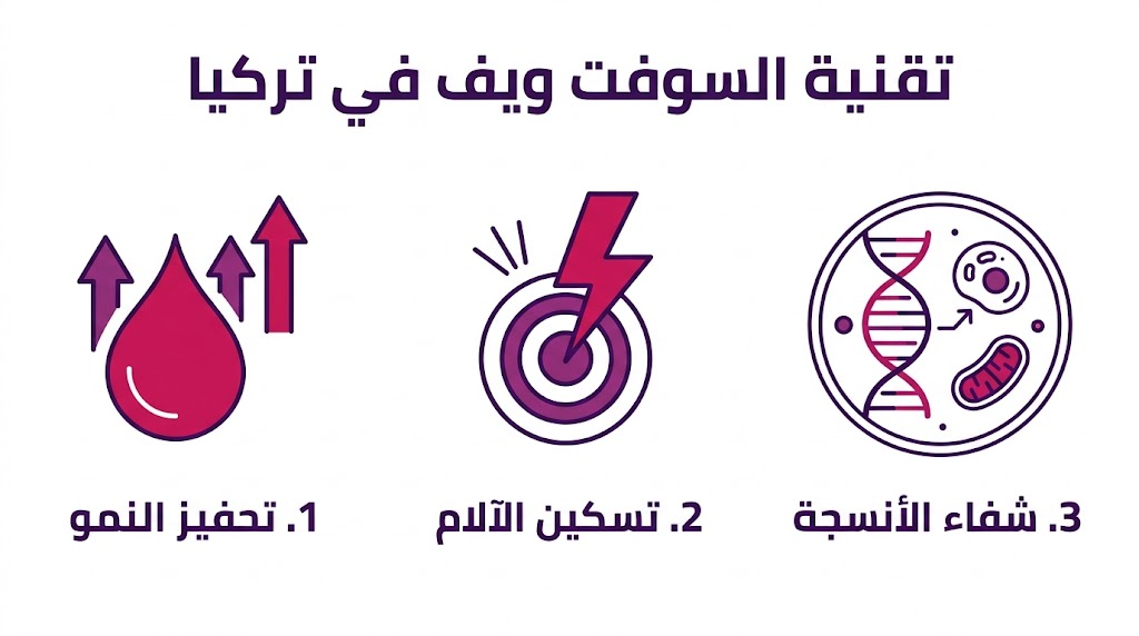  بوستر إنفوجرافيك طبي يلخص الفوائد الثلاث الرئيسية لاستخدام تقنية السوفت ويف في تركيا.