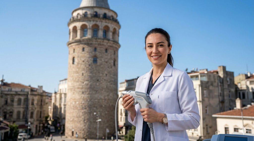 طبيب متخصص يحمل جهاز السوفت ويف أمام برج غالاتا، لتمثيل خدمات تقنية السوفت ويف في تركيا.