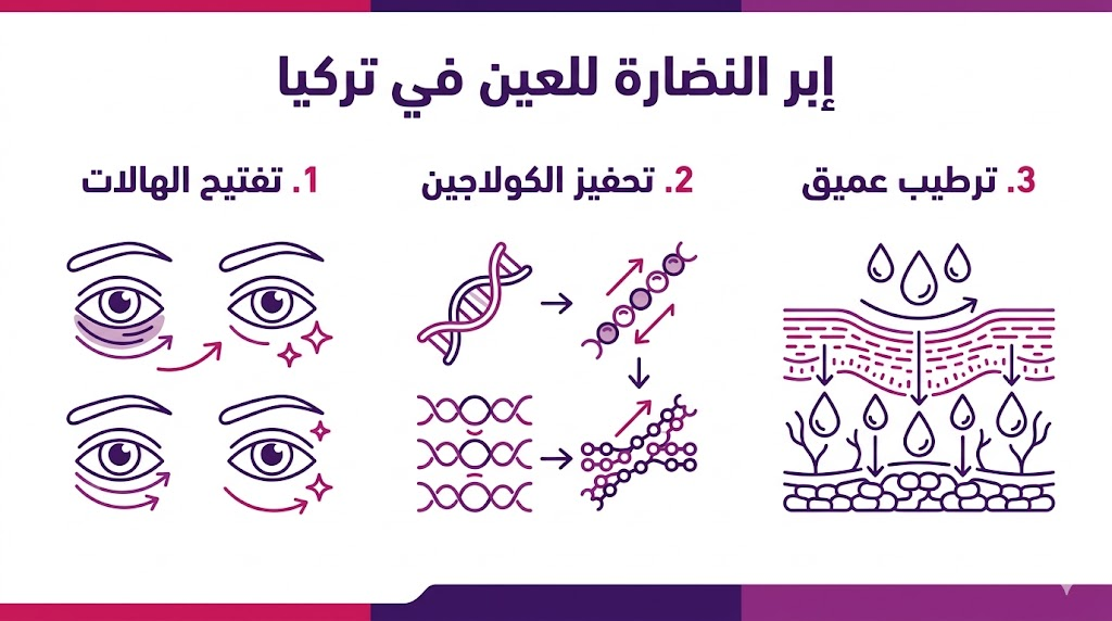 إنفوجرافيك مقسم لثلاثة أقسام يشرح فوائد إبر النضارة للعين في تركيا من حيث التفتيح والكولاجين والترطيب.