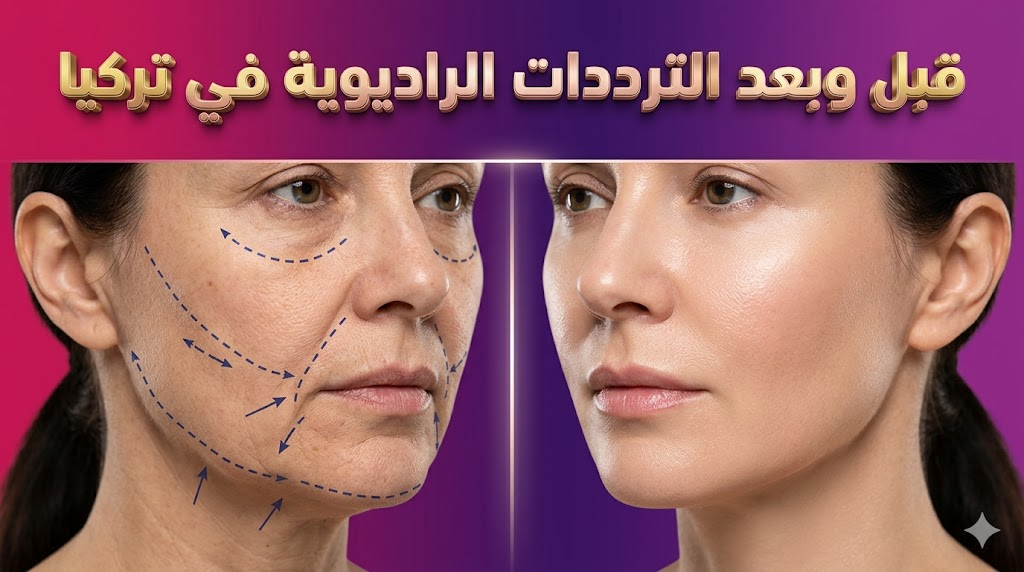 مقارنة واقعية قبل وبعد إجراء الترددات الراديوية في تركيا تظهر شد الجلد واختفاء التجاعيد.