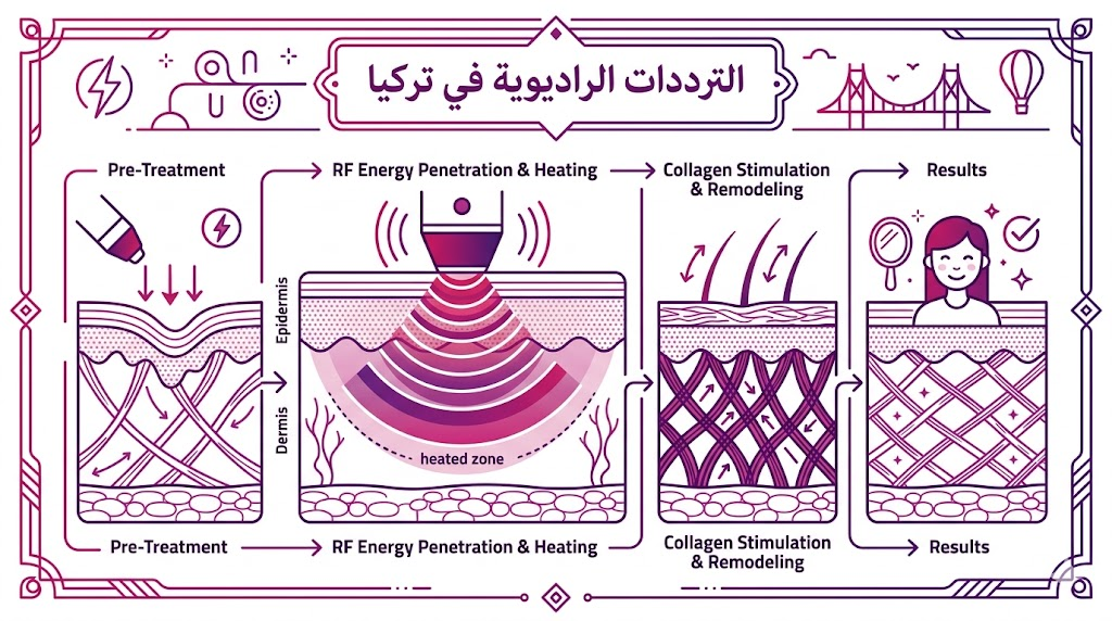 مخطط تشريحي يوضح كيفية عمل الترددات الراديوية في تركيا داخل طبقات الجلد لتحفيز الكولاجين.