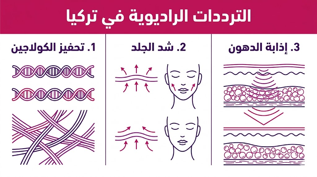  إنفوجرافيك طبي يوضح الفوائد الثلاث الرئيسية لتقنية الترددات الراديوية في تركيا.