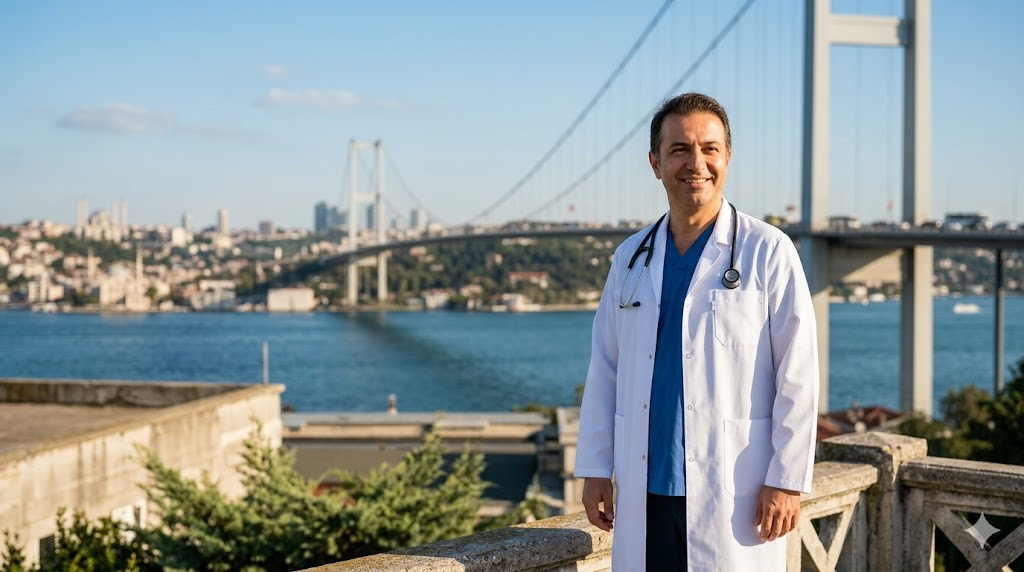 طبيب تجميل متخصص في الترددات الراديوية في تركيا يقف أمام جسر البوسفور في إسطنبول.