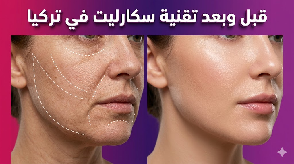 مقارنة قبل وبعد تظهر نتائج شد الوجه وتحسين جودة الجلد باستخدام تقنية سكارليت في تركيا.
