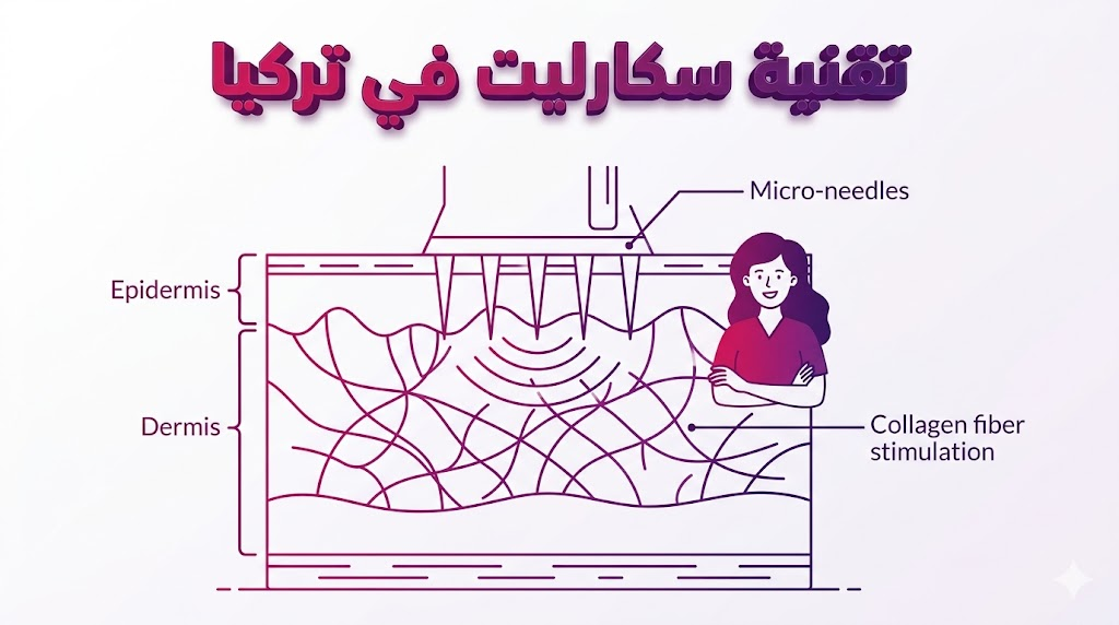 مخطط إنفوجرافيك طبي يوضح آلية عمل تقنية سكارليت في تركيا وتأثيرها على طبقات الجلد العميقة.
