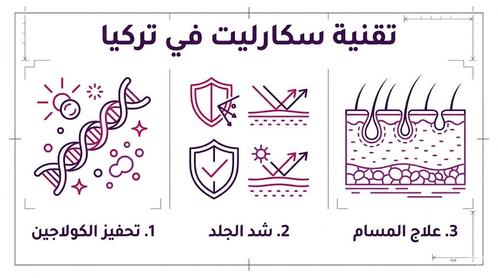 بوستر إنفوجرافيك يلخص أهم 3 مميزات لعلاج البشرة عبر تقنية سكارليت في تركيا.